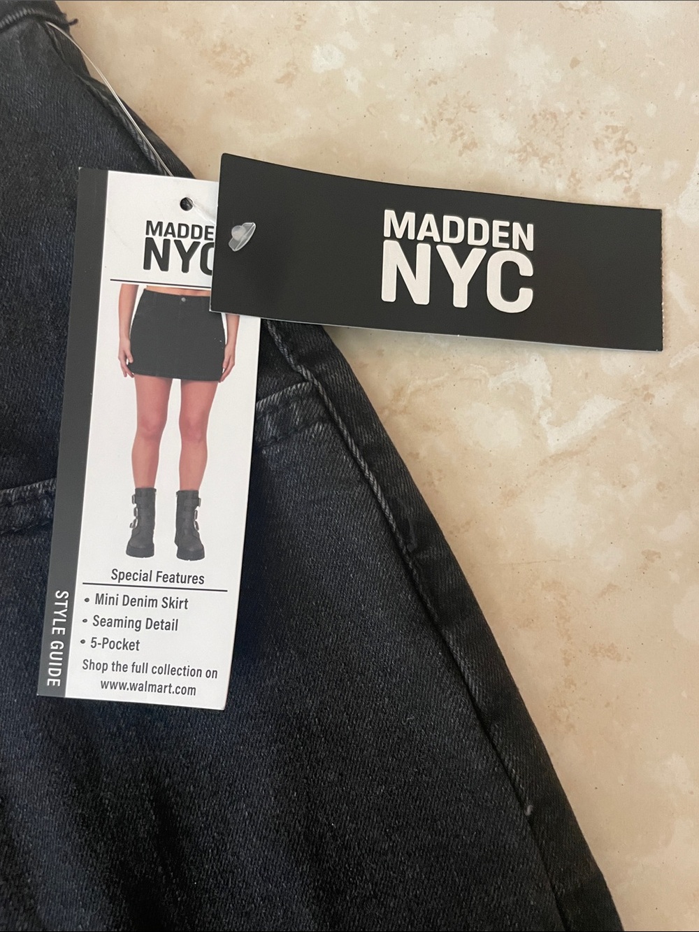 Women's Black Denim Mini Skirt with Front Panels - Picture 2 of 7